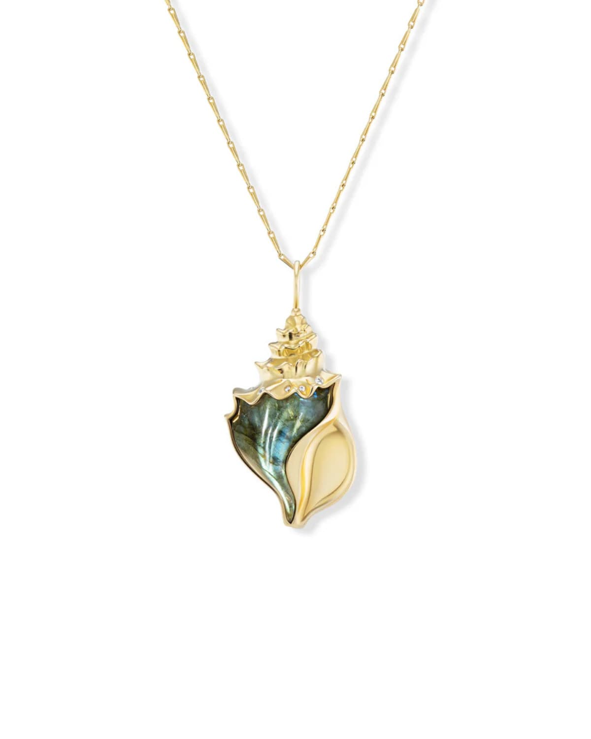 Small Carved Stone Conch Pendant in Labradorite on 16″ Wheat Chain