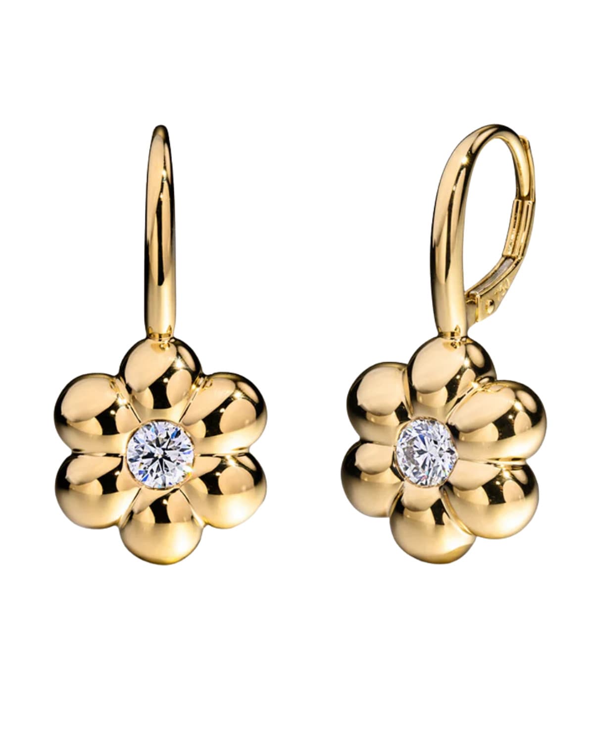 Diamond Flower Puff Clip Hoop Earrings 18K Yellow Gold