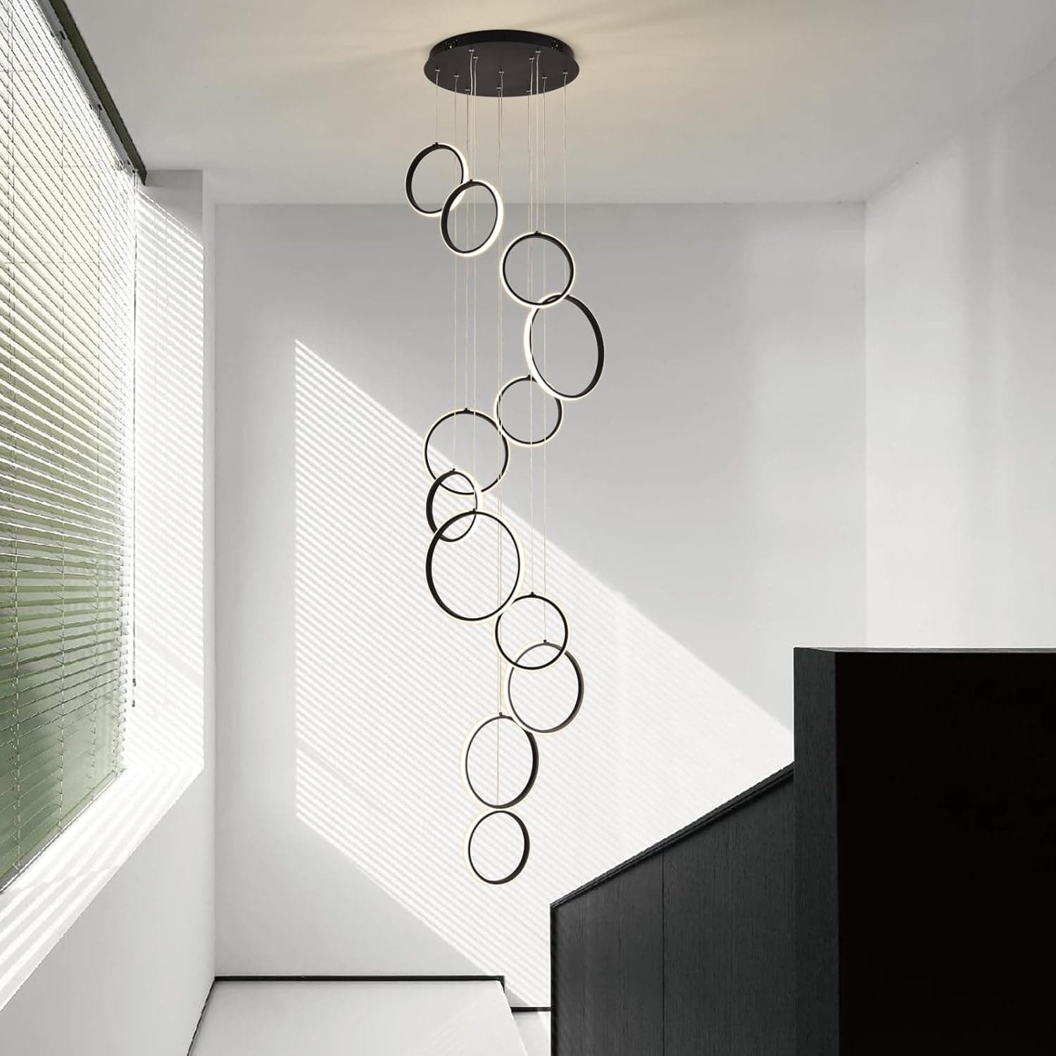 “Zenith” 12-Ring High Ceiling Black Pendant Light