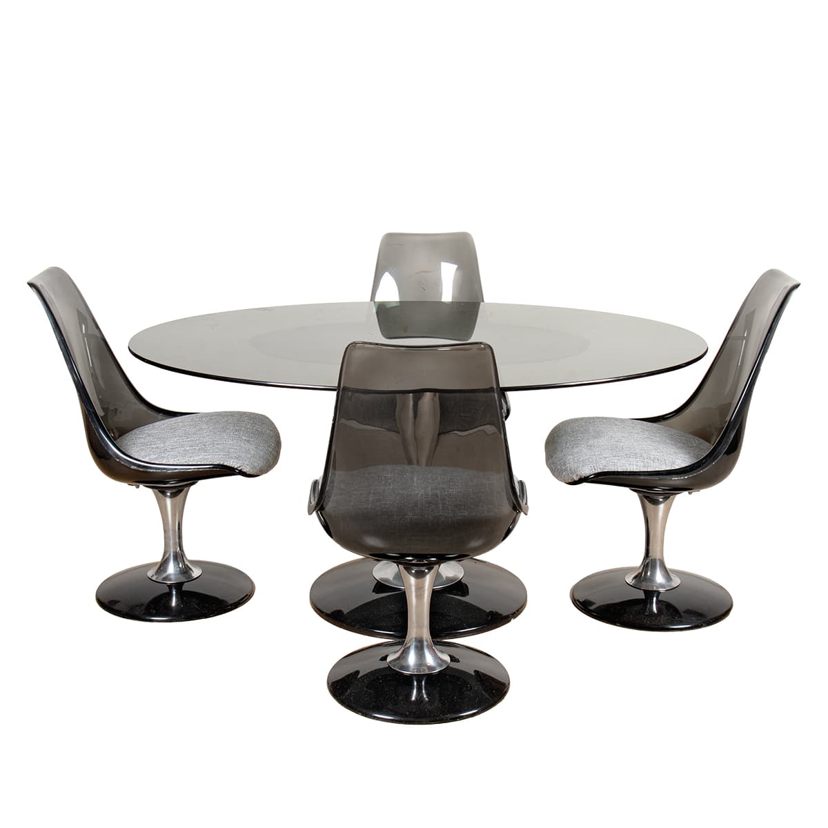 Space Age Dining Set Including 4 Chairs! — 70s Chromcraft Oval Smoked Glass Table + 4 Reupholstered Chairs