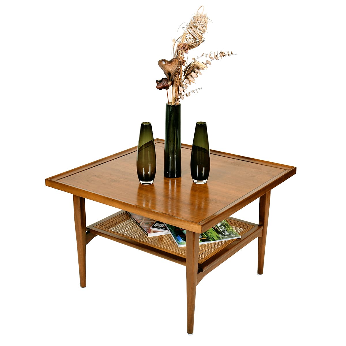 American Modernist Walnut Side | Coffee Table w. Caned Shelf by Kipp Stewart