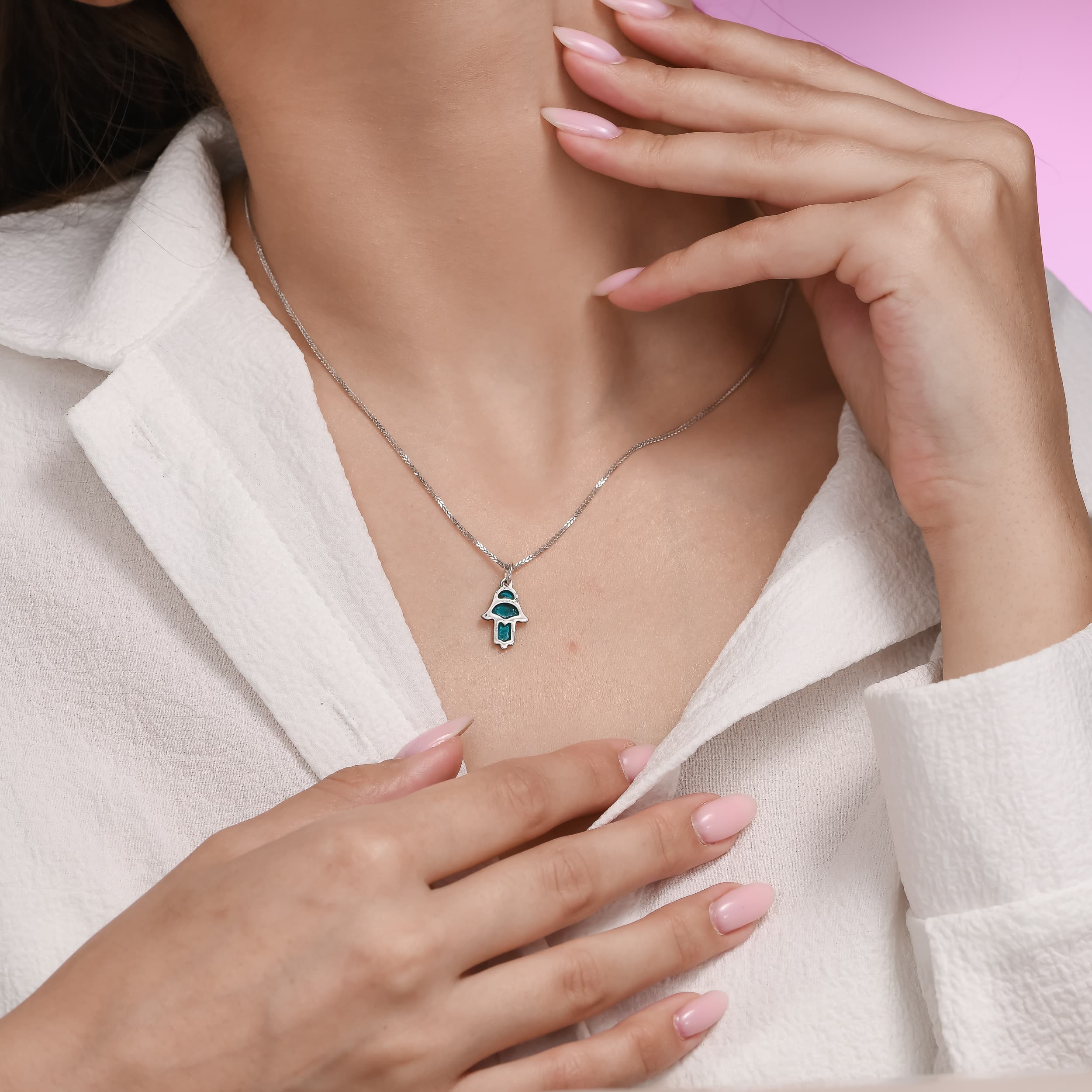 Small Blue Enamel Hamsa Hand Pendant From 925 Silver - thumbnail 5