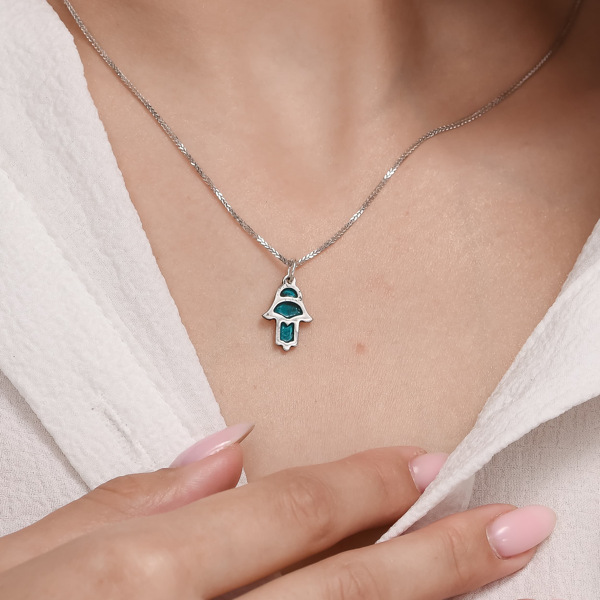 Small Blue Enamel Hamsa Hand Pendant From 925 Silver - thumbnail 3