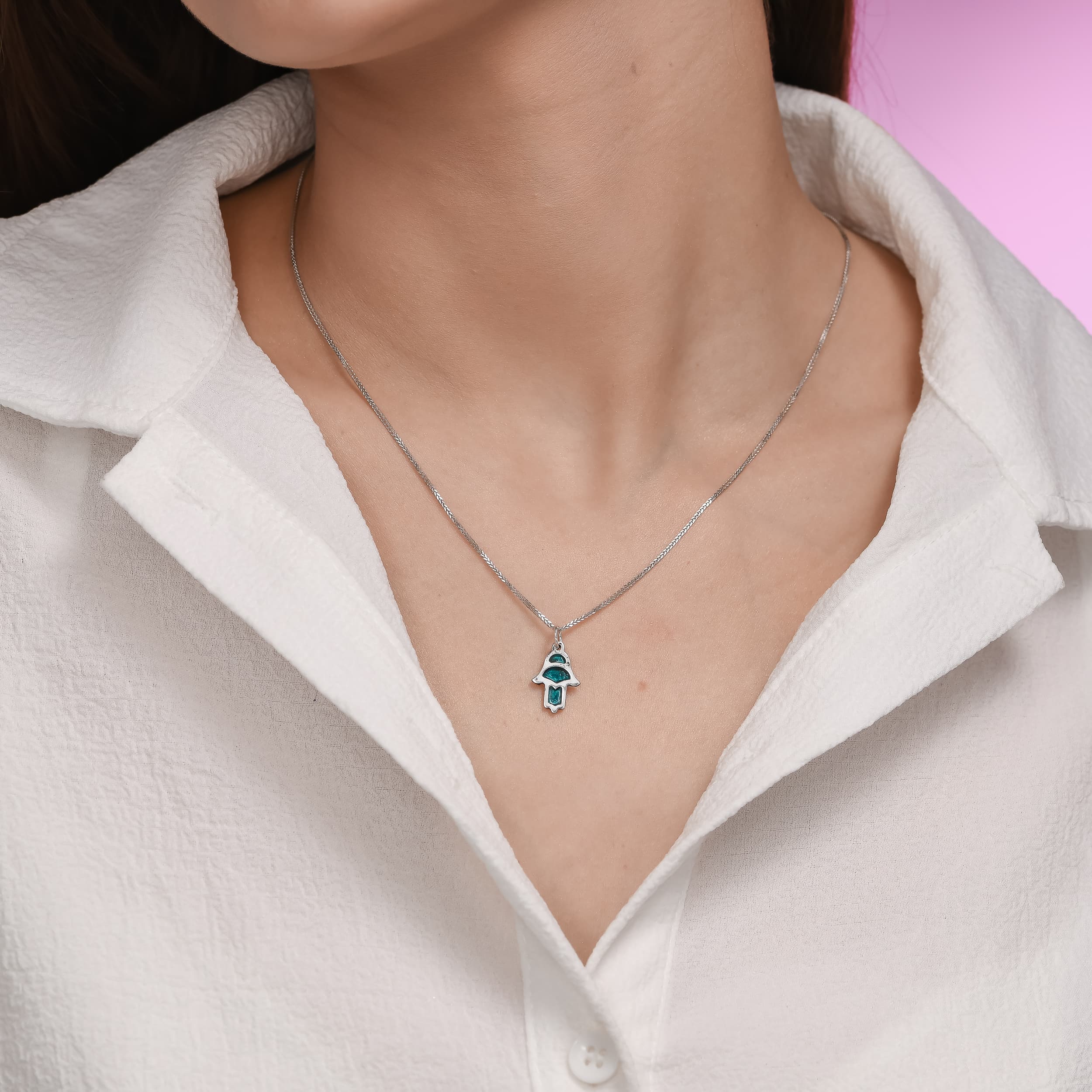 Small Blue Enamel Hamsa Hand Pendant From 925 Silver - thumbnail 4
