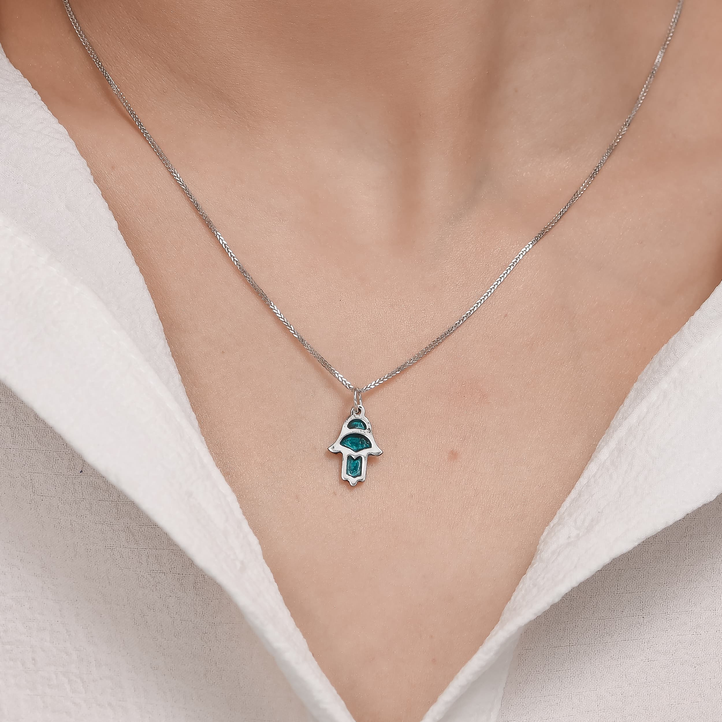 Small Blue Enamel Hamsa Hand Pendant From 925 Silver - thumbnail 2