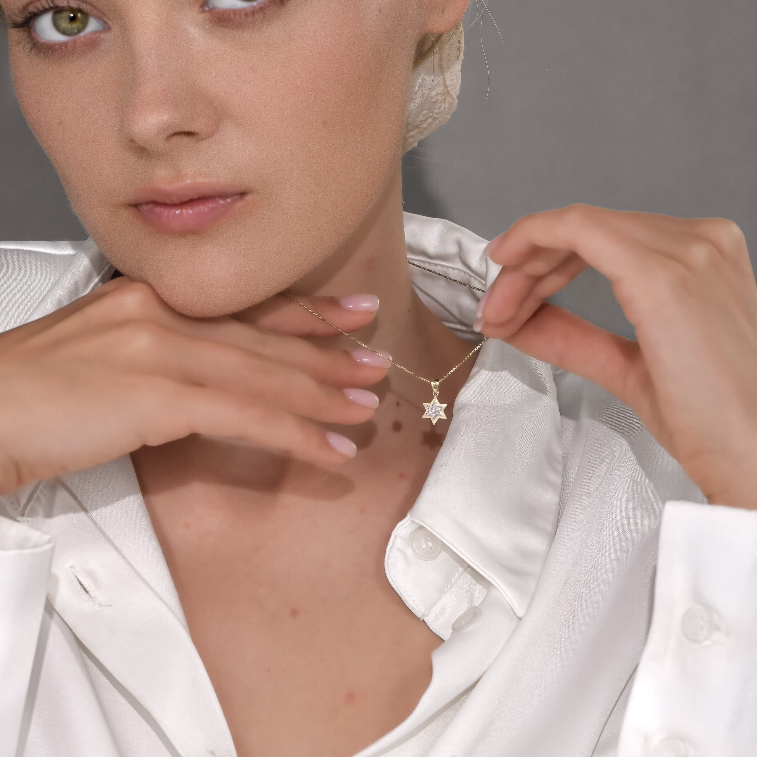 Tiny Double-Layer 14k Gold Magen David Necklace with Spinning Diamonds - thumbnail 10