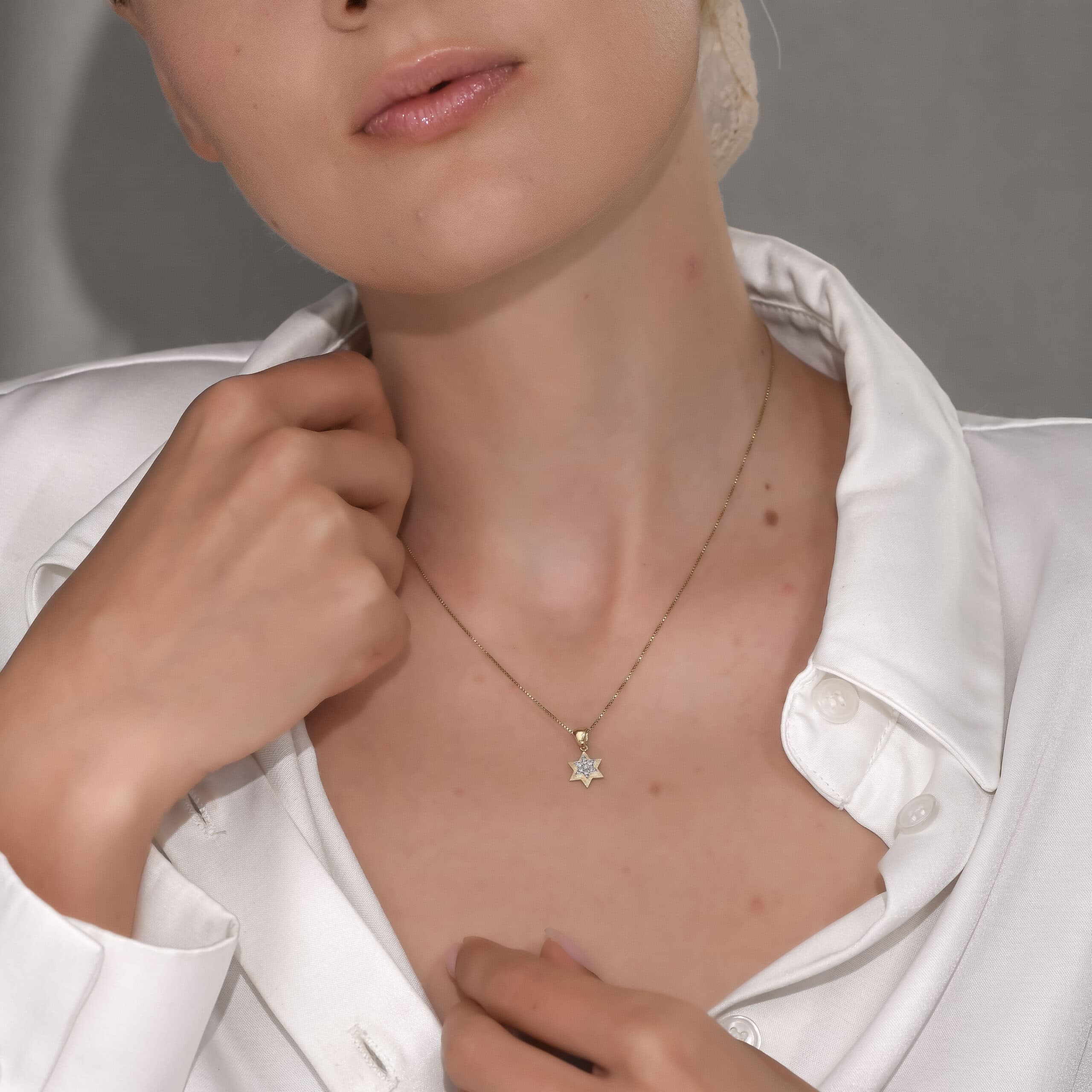 Tiny Double-Layer 14k Gold Magen David Necklace with Spinning Diamonds - thumbnail 8