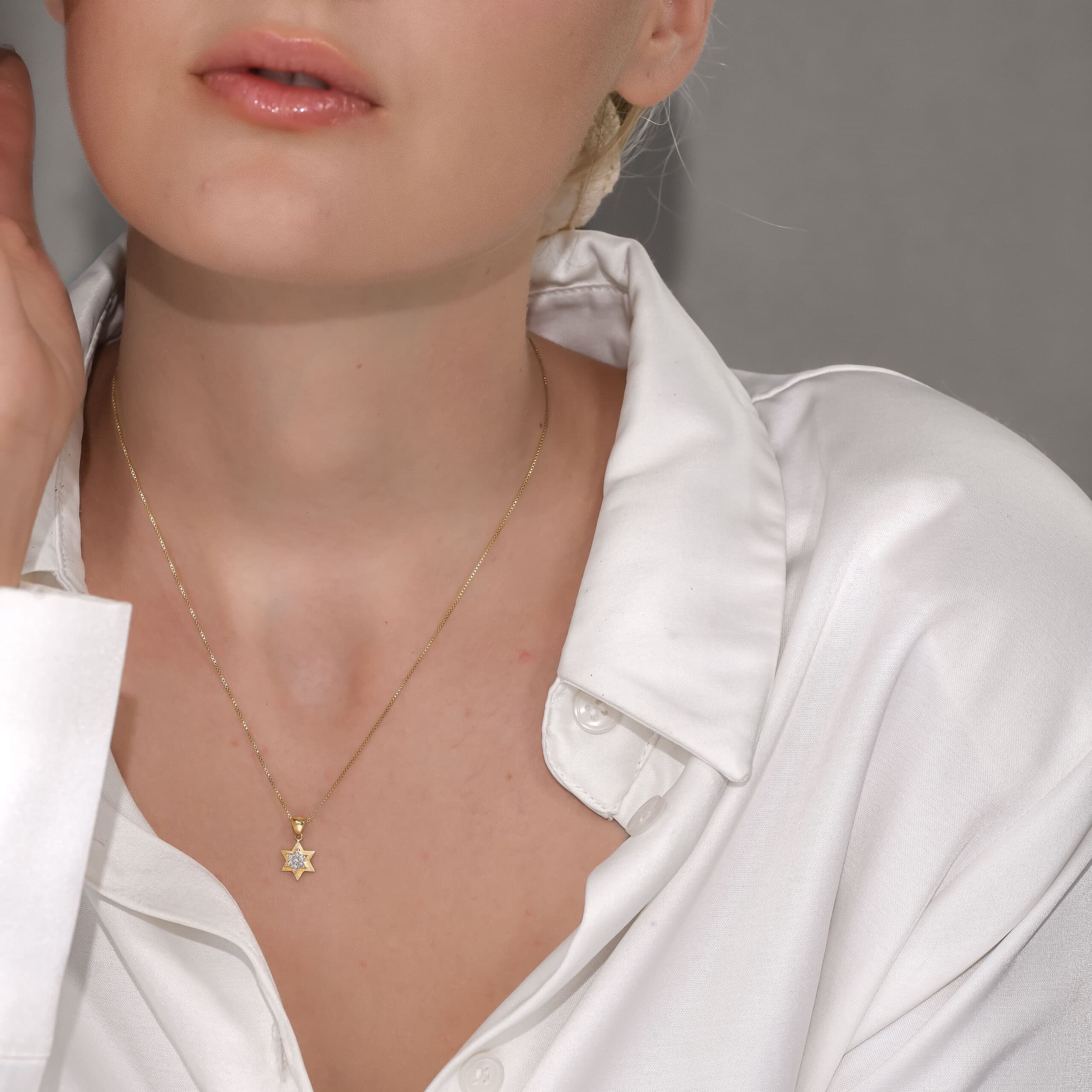 Tiny Double-Layer 14k Gold Magen David Necklace with Spinning Diamonds - thumbnail 7
