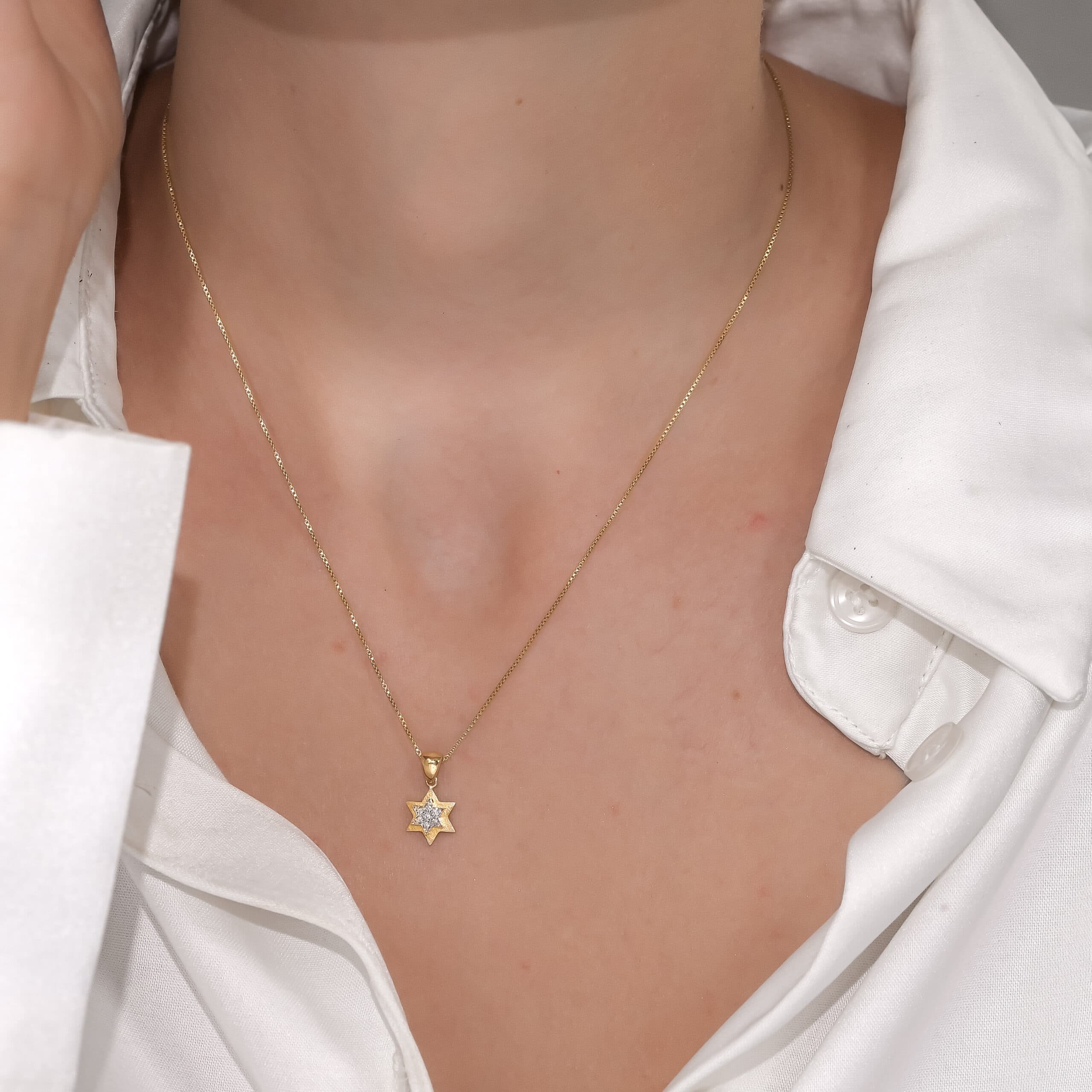 Tiny Double-Layer 14k Gold Magen David Necklace with Spinning Diamonds - thumbnail 5