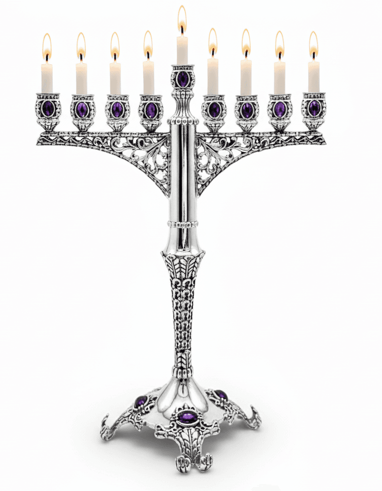 Grand Silver Filigree Hanukkah Menorah Adorned with Gemstones