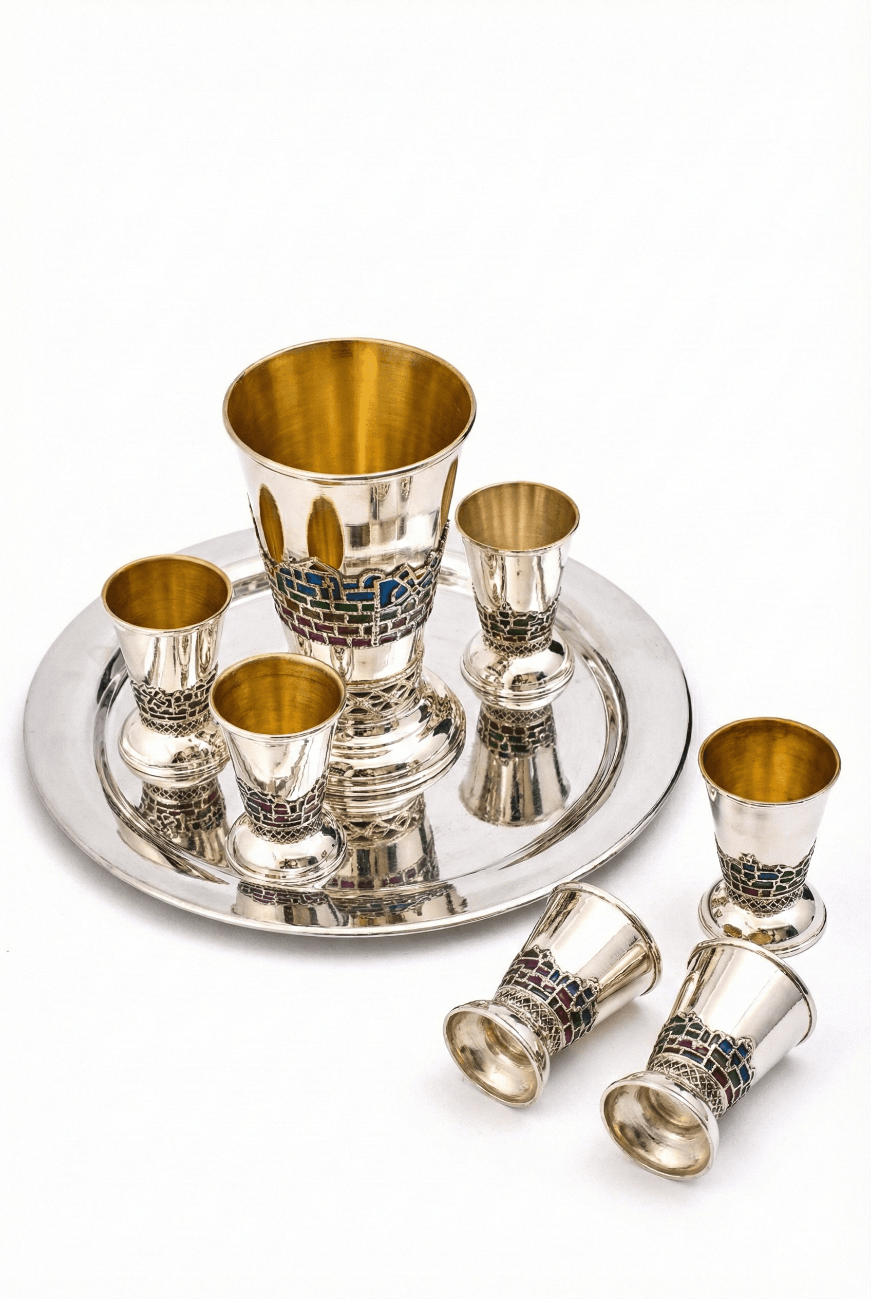 Sterling Silver Multicolored Enamel Jerusalem Kiddush Cups Set - thumbnail 3