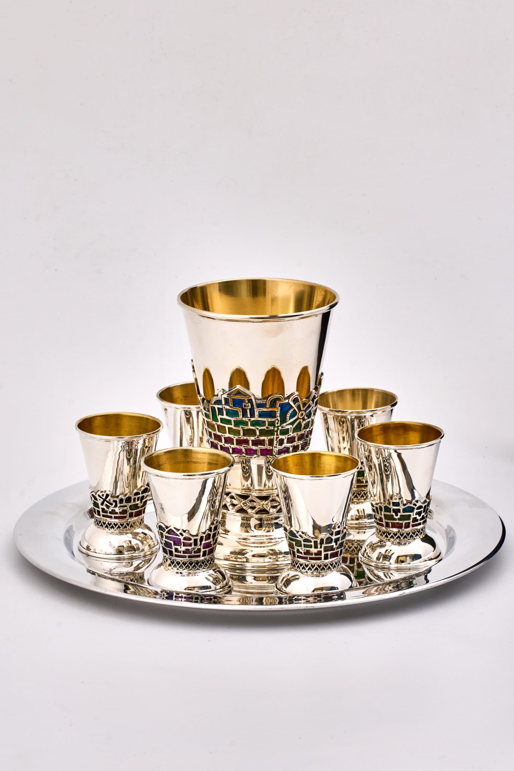 Sterling Silver Multicolored Enamel Jerusalem Kiddush Cups Set - thumbnail 4
