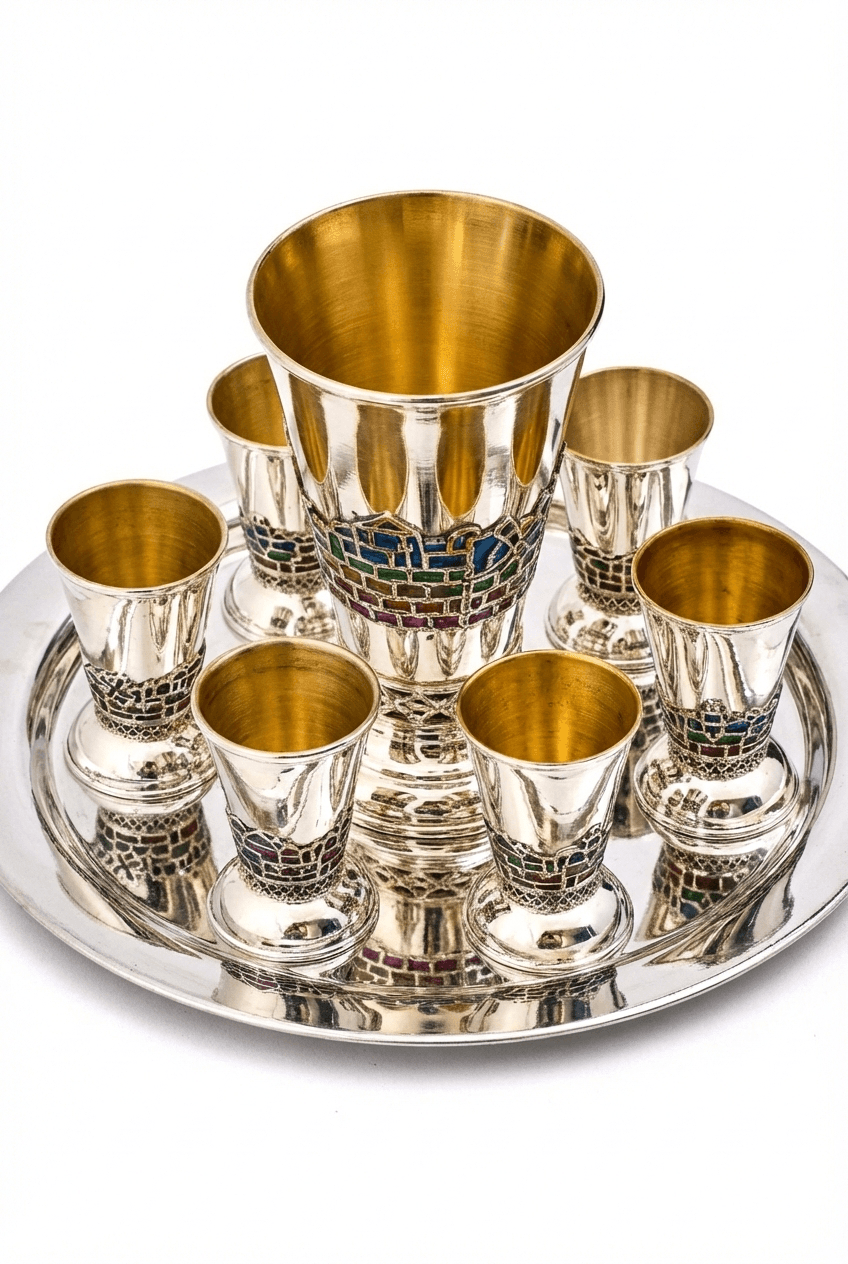 Sterling Silver Multicolored Enamel Jerusalem Kiddush Cups Set - thumbnail 2