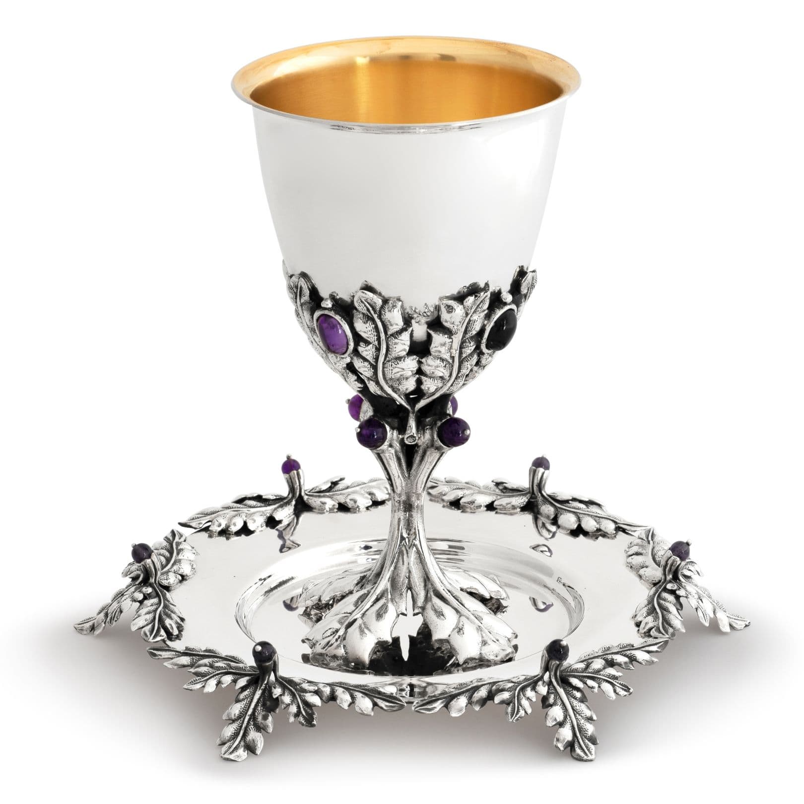 Huge Sterling Silver Gemstone Elijah Cup with Leaf Design - thumbnail 2