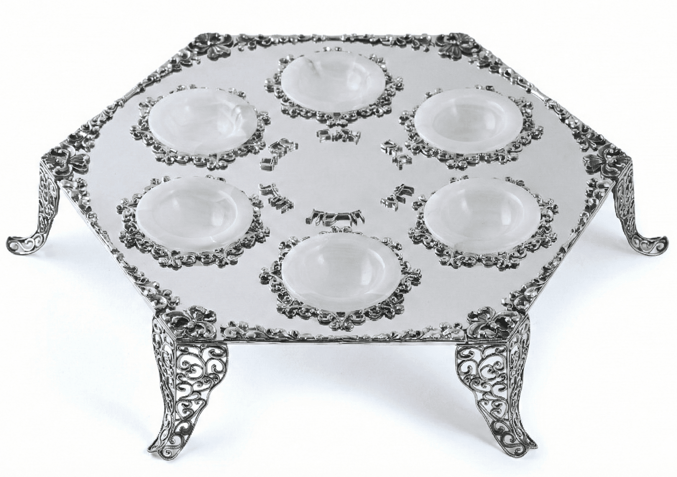 Royal Filigree Elevated Passover Seder Plate with White Onyx Bowls