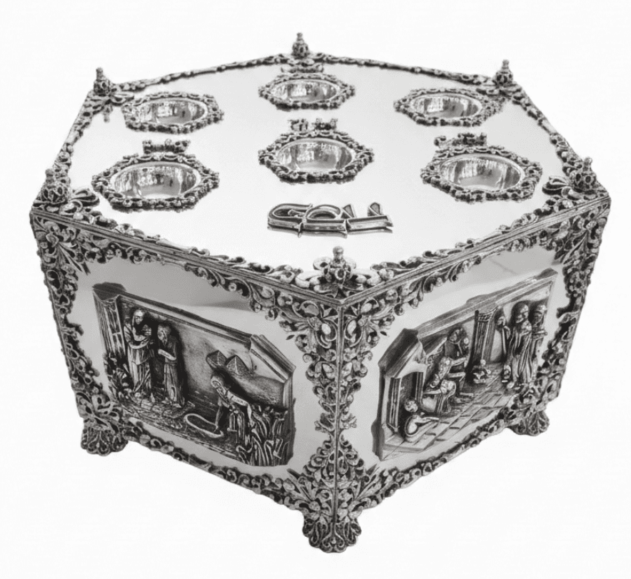 Exodus Story-Telling Hexagon Filigree Seder Plate with 3 Tiered