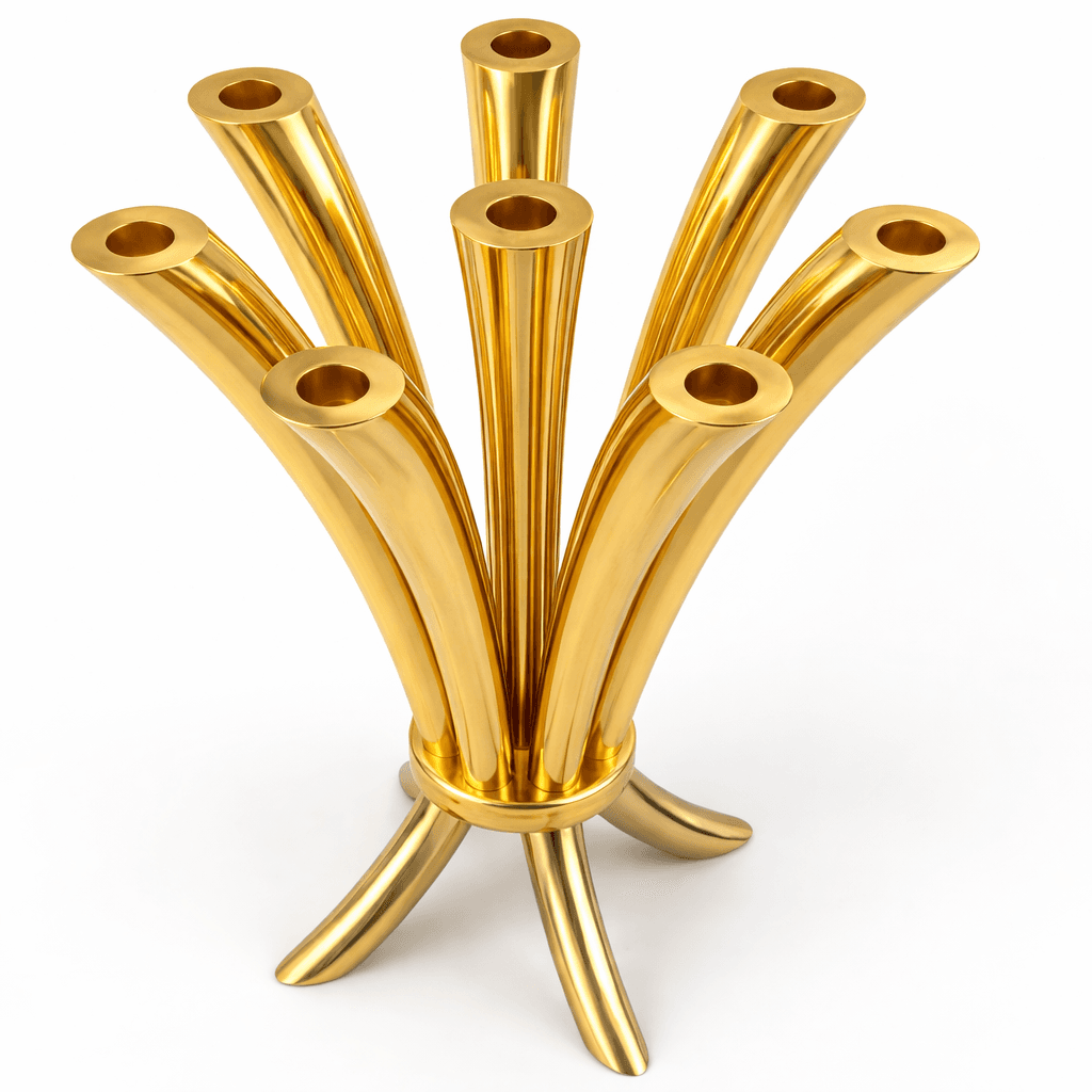 Prestigious Tall Gold Candelabra with Seven Side Arc-Shaped Arms