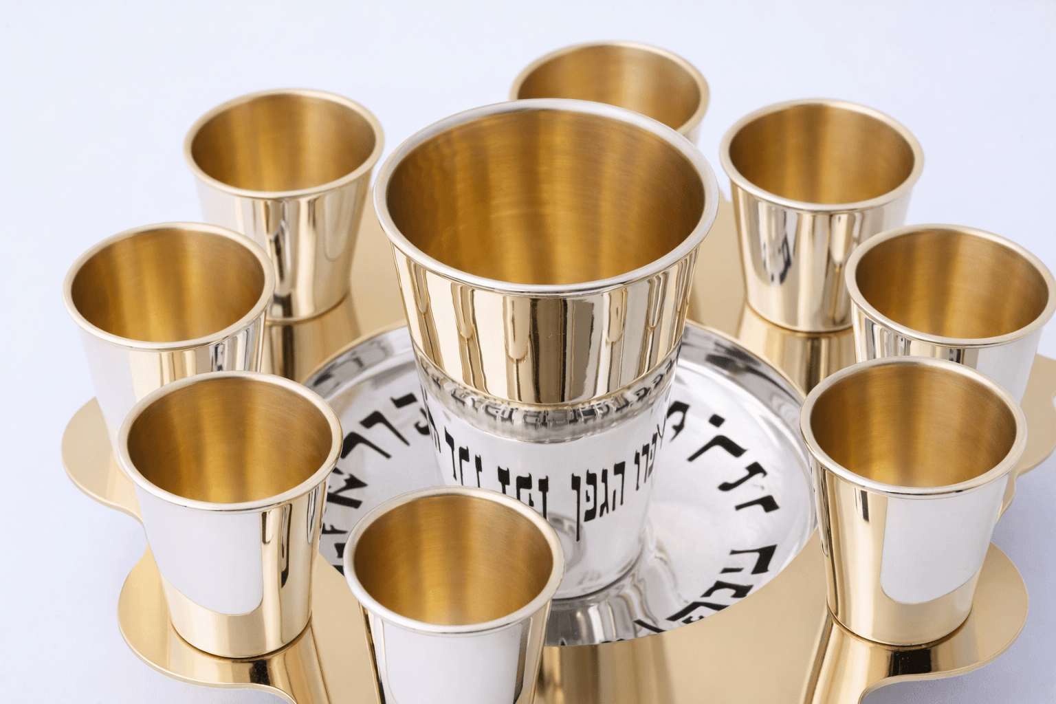 Modern Silver Ten Cups Kiddush Set with Tray and Blessing Reflection - thumbnail 2