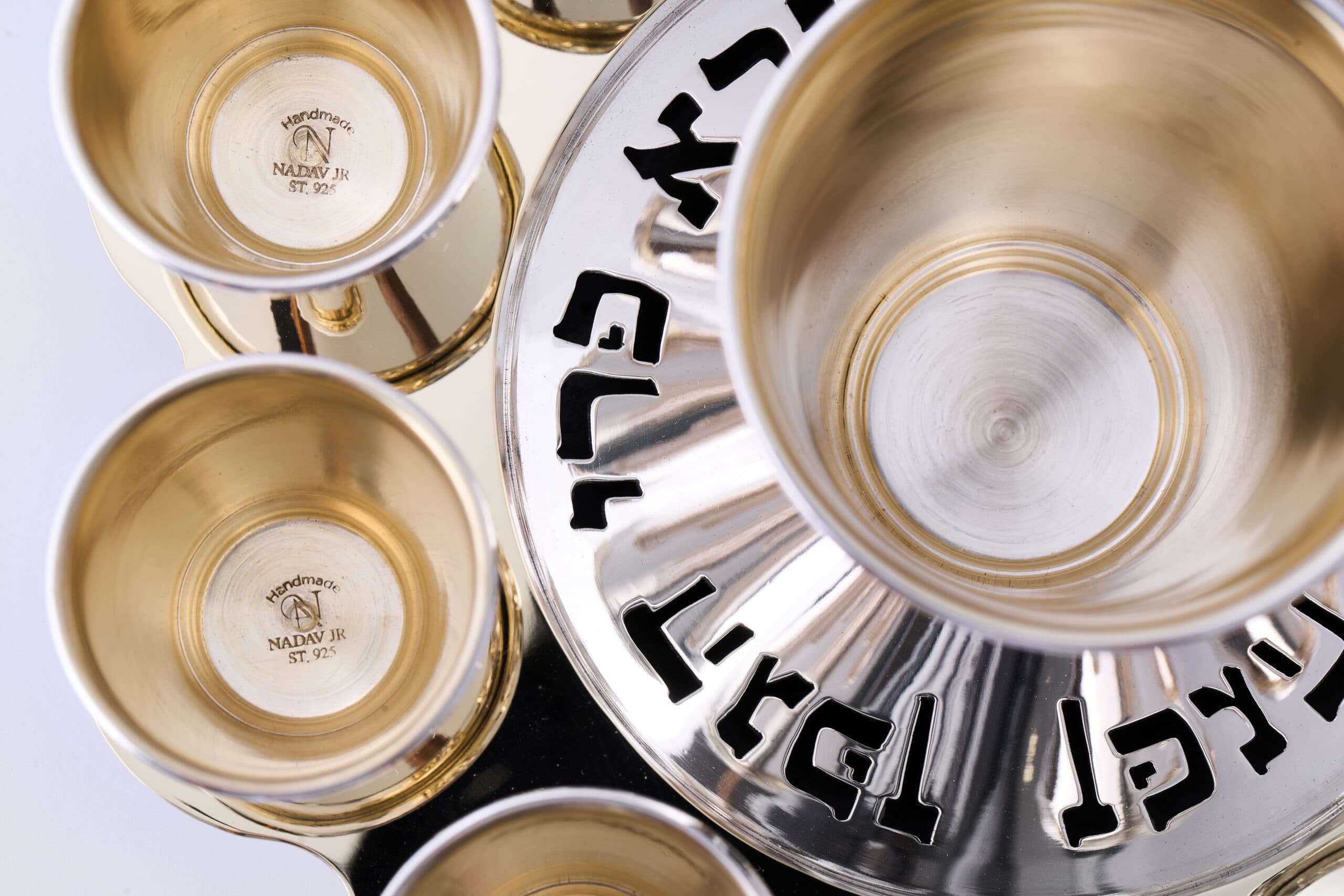 Modern Silver Ten Cups Kiddush Set with Tray and Blessing Reflection - thumbnail 4