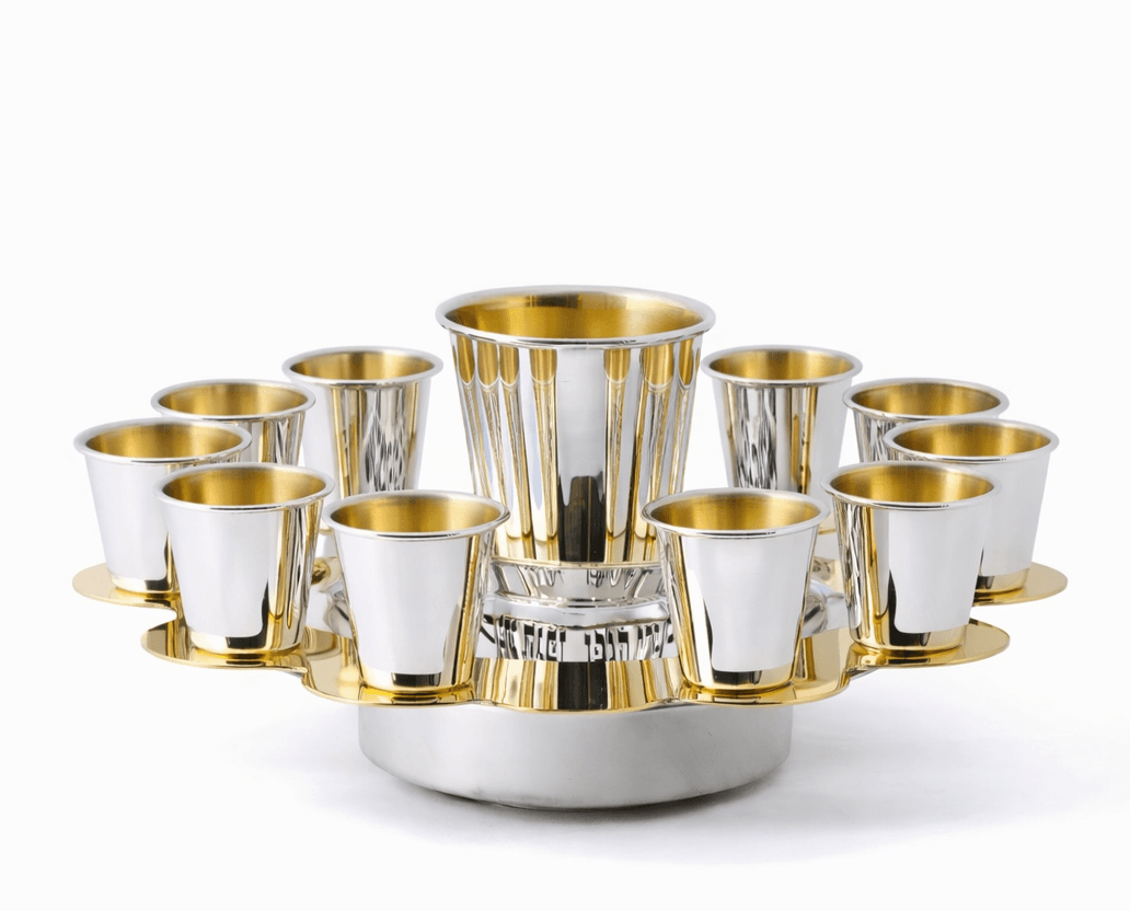Modern Silver Ten Cups Kiddush Set with Tray and Blessing Reflection