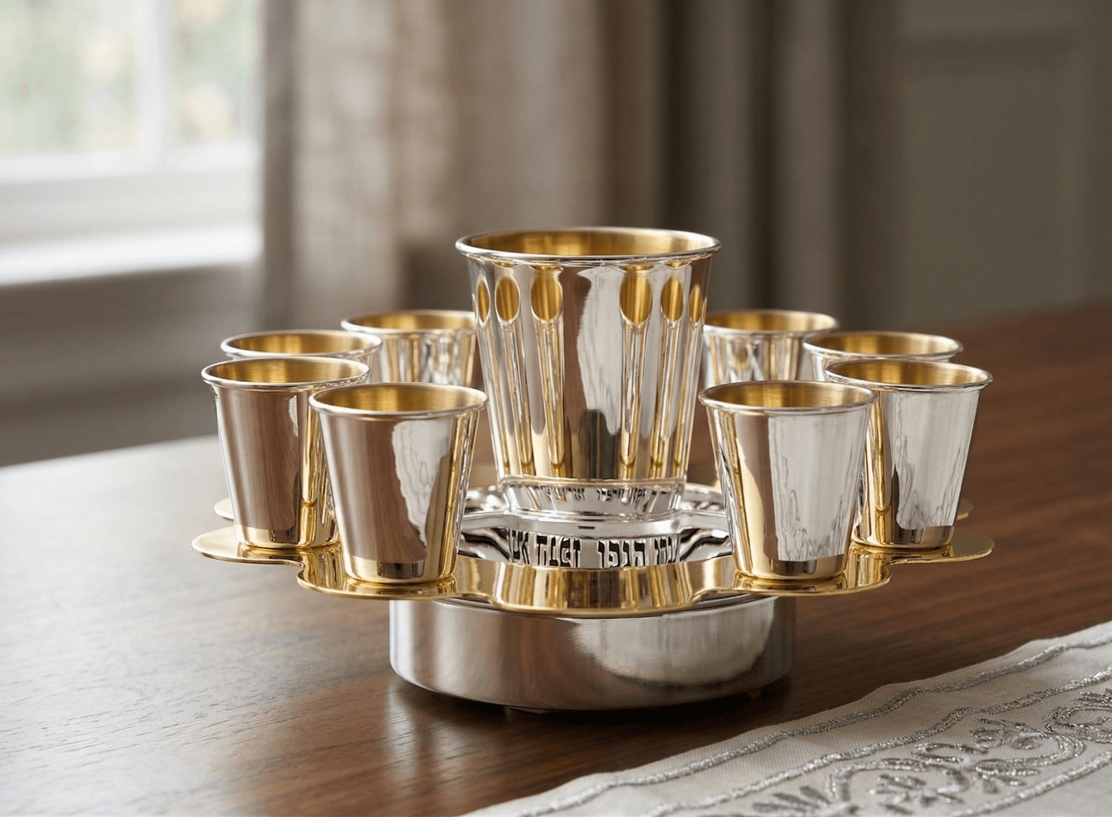 Modern Silver Ten Cups Kiddush Set with Tray and Blessing Reflection - thumbnail 8
