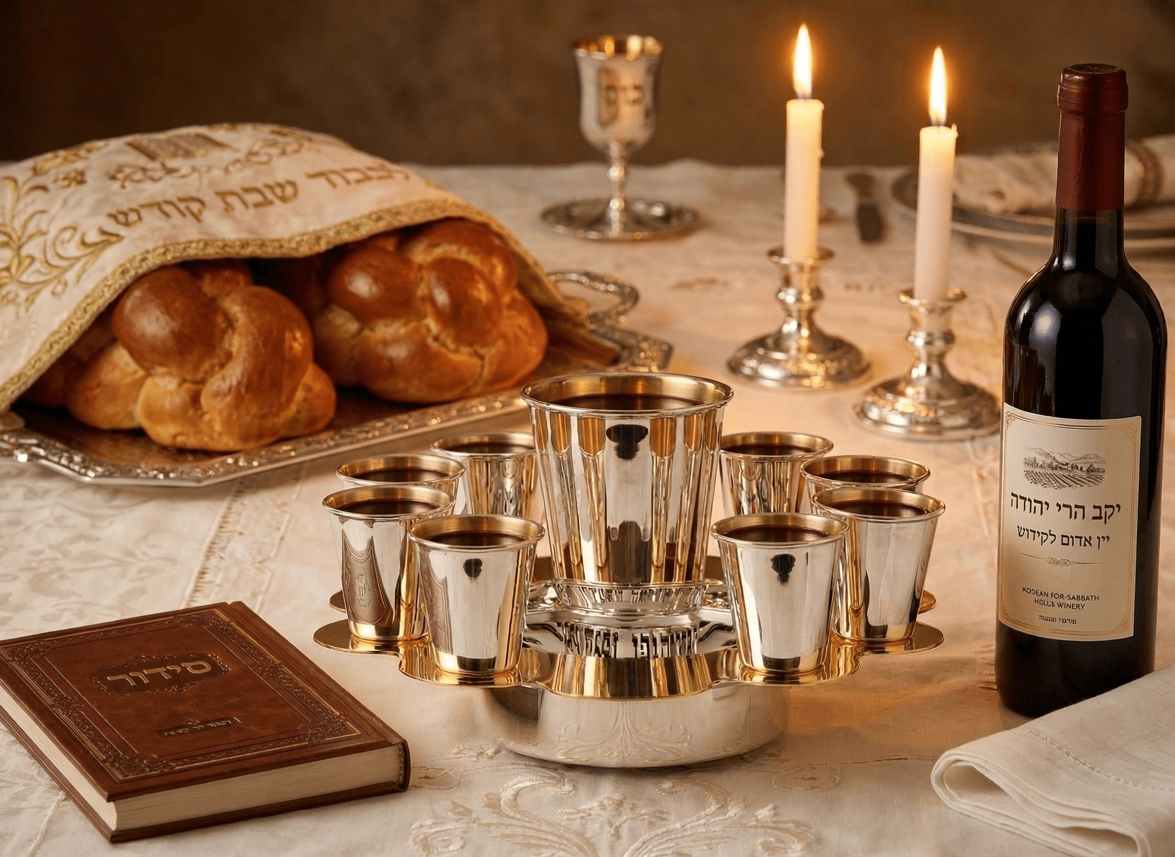 Modern Silver Ten Cups Kiddush Set with Tray and Blessing Reflection - thumbnail 7