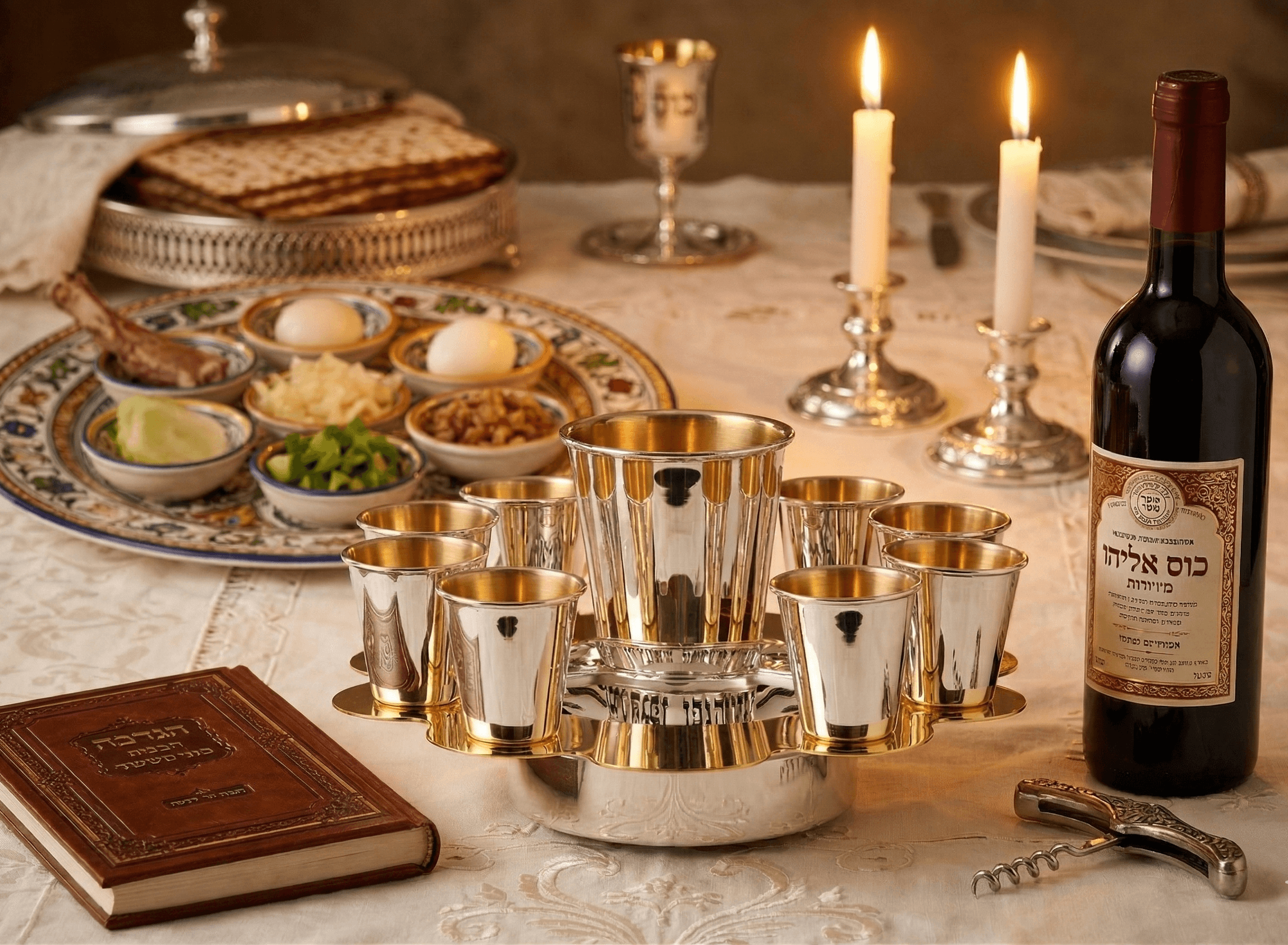 Modern Silver Ten Cups Kiddush Set with Tray and Blessing Reflection - thumbnail 6