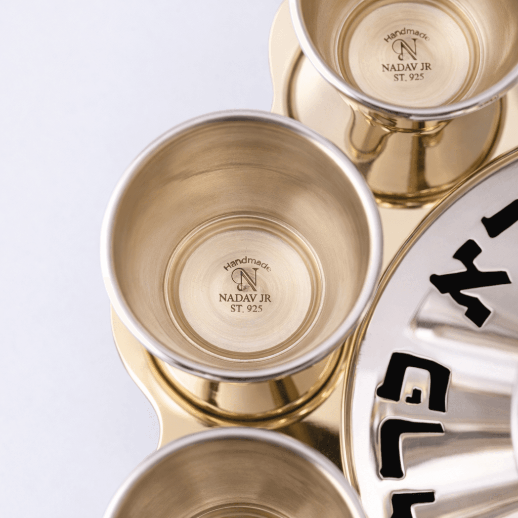 Modern Silver Ten Cups Kiddush Set with Tray and Blessing Reflection - thumbnail 9