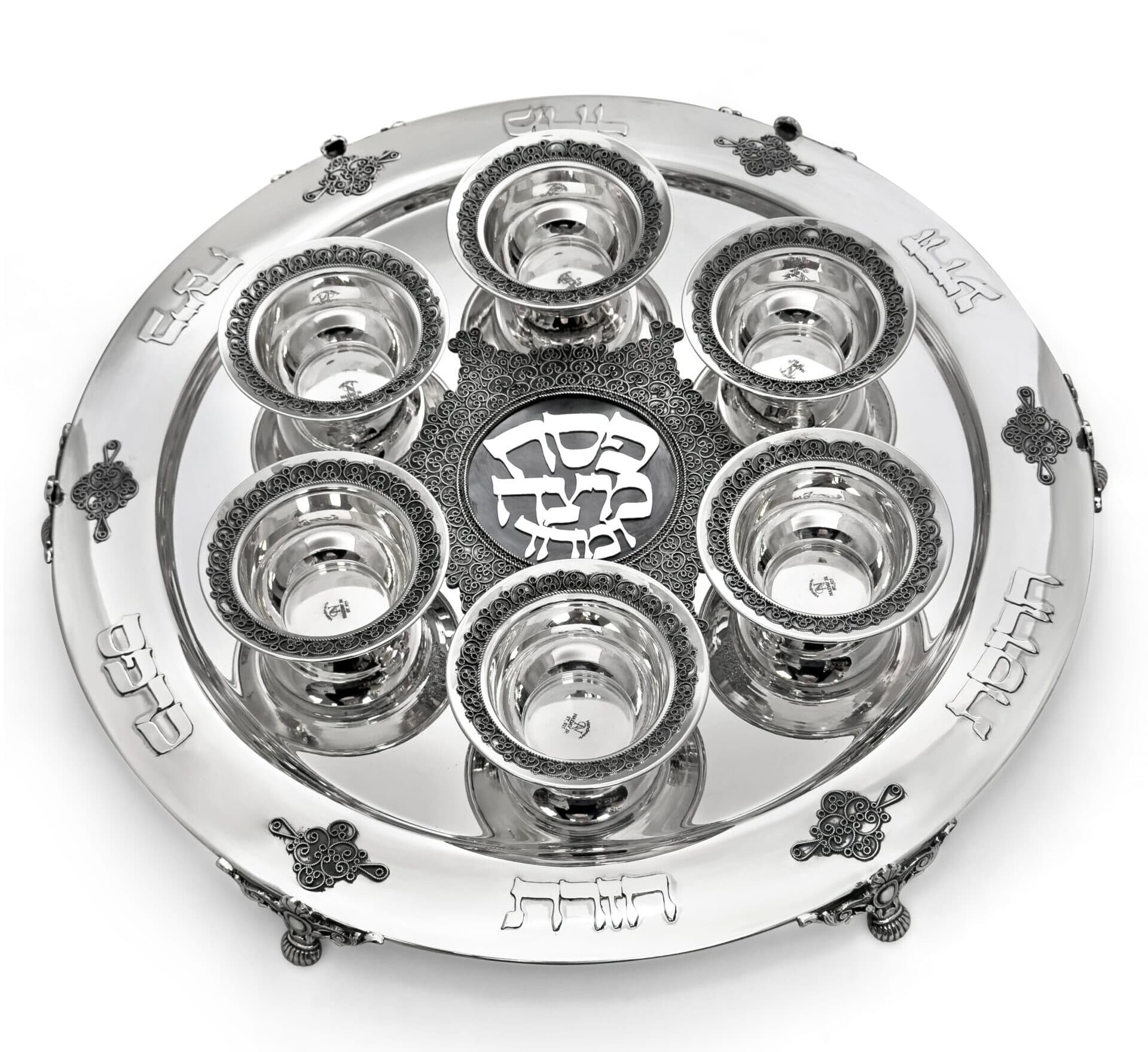 Large Yemenite Crown Filigree Silver Seder Plate on Ornate Feet