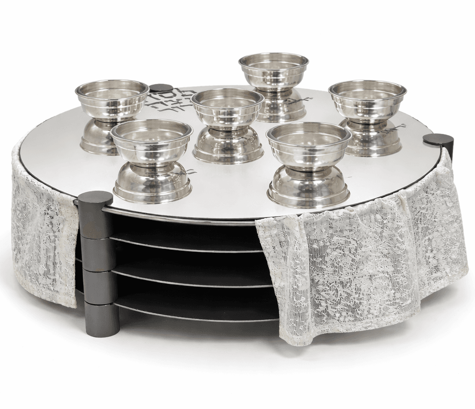 Huge Sterling Silver and Aluminum 3-Tier Seder Plate with Cotton Curtain