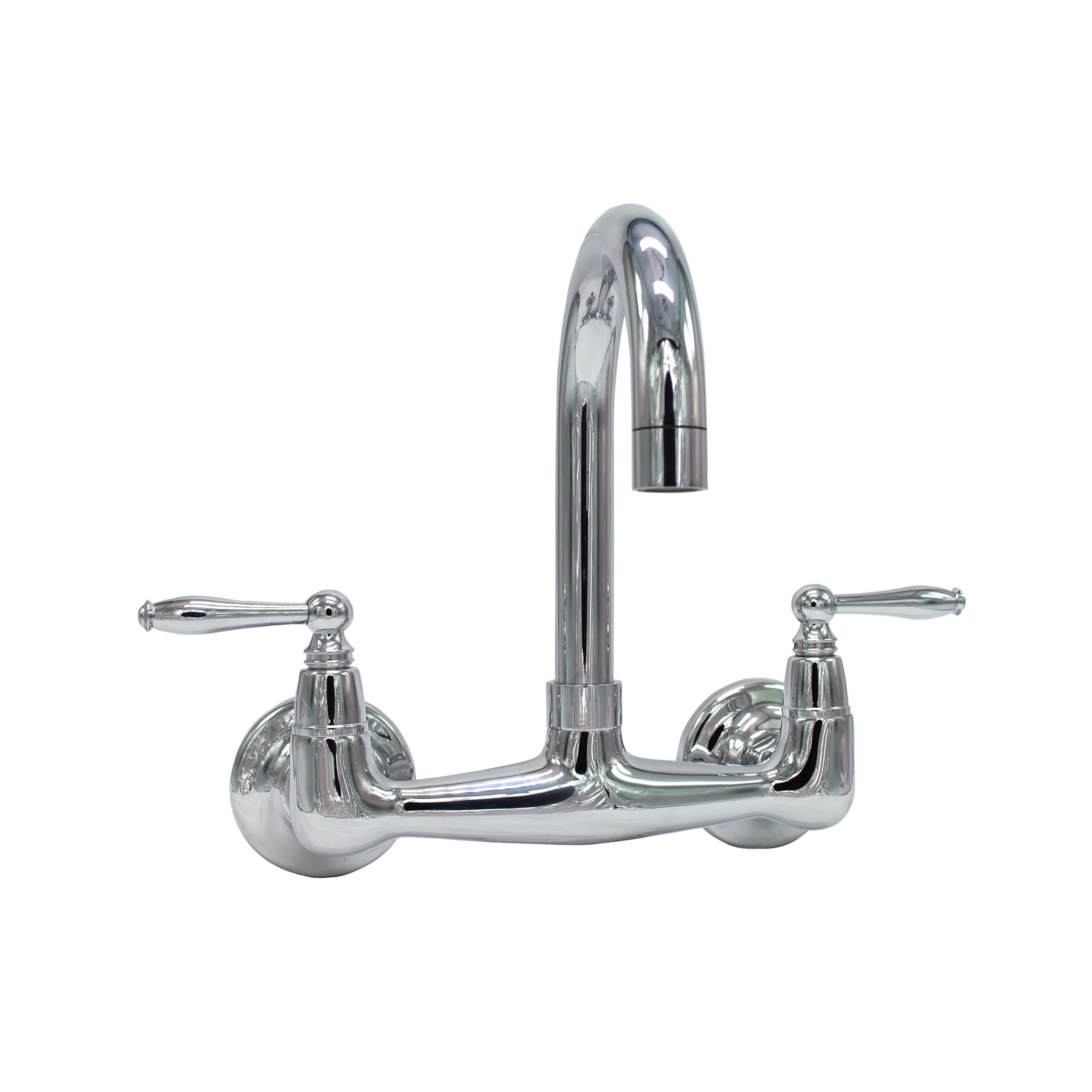 Short Reach Wall Mount Faucet with 6″ Swivel Spout / Metal or Porcelain Levers / Polished Chrome Finish