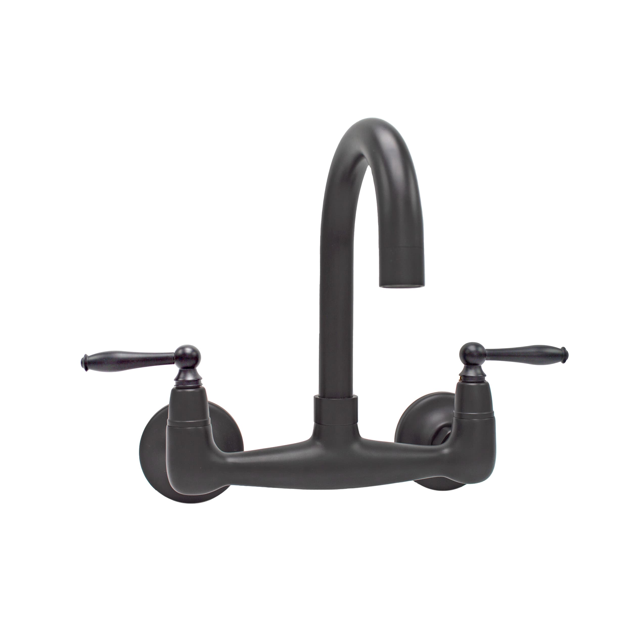 Short Reach Wall Mount Faucet with 6″ Swivel Spout / Metal or Porcelain Levers / Matte Black Finish