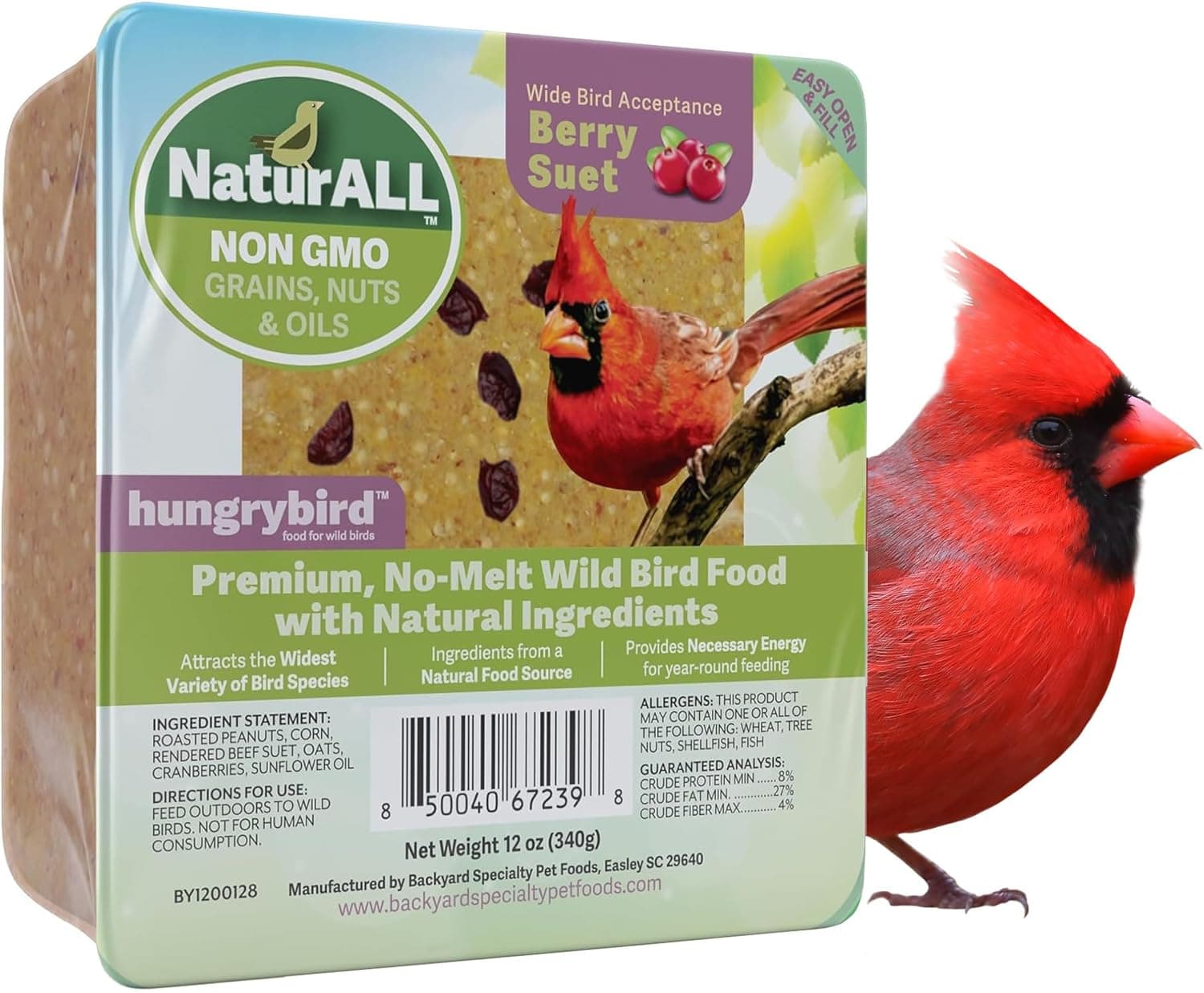 HUNGRYBIRD NaturAll Non-GMO, High-Protein Berry Suet Cake for Outside Wild Bird Feeders
