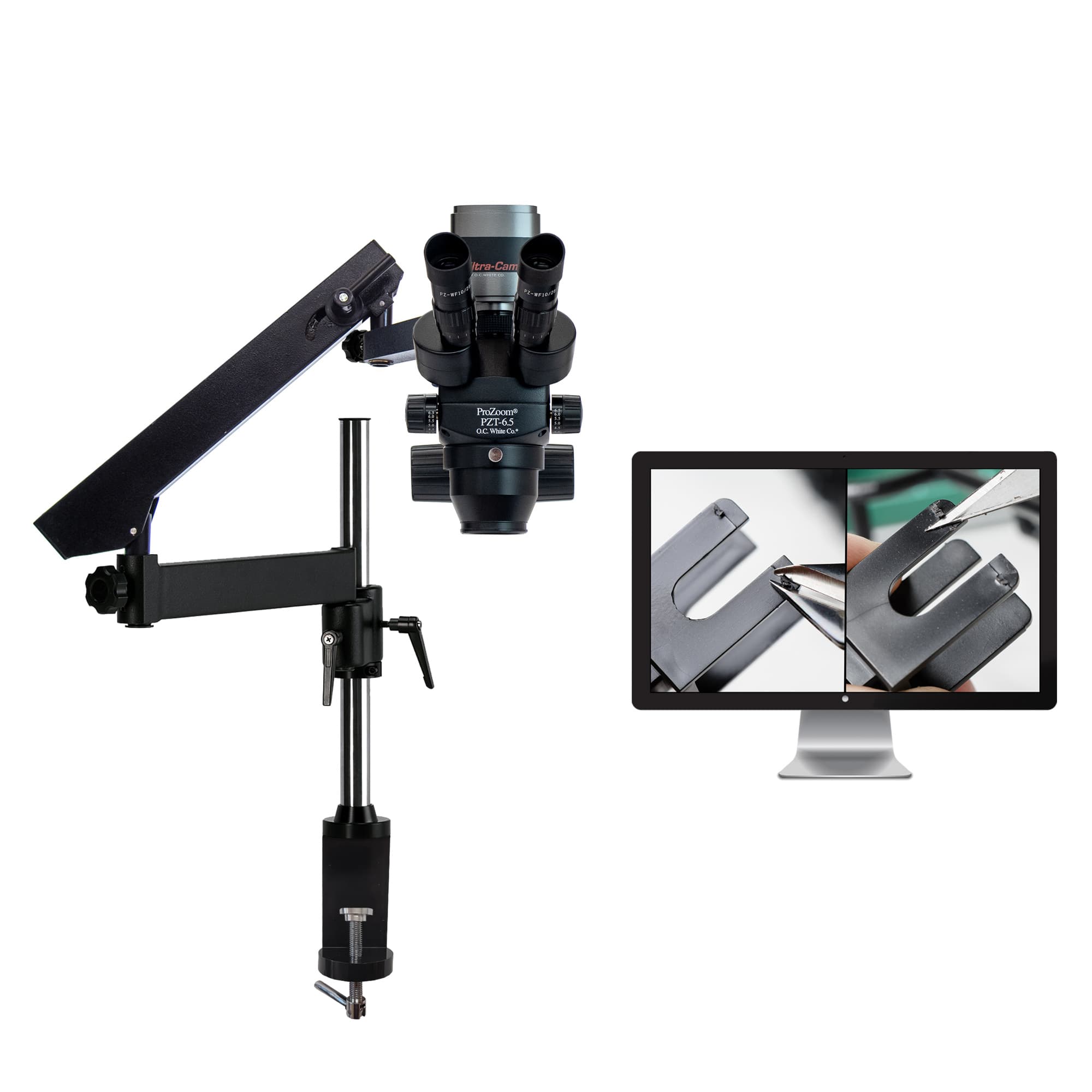 ProZoom® 6.5 Trinocular Microscope with 6MP Hybrid HDMI/USB Camera with 22″ LCD – Articulating Arm Base