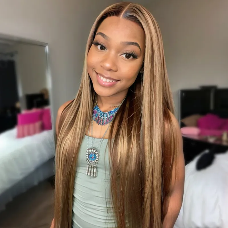 Honey Blonde Highlight Straight/Body Wave 6×5 Lace Glueless Human Hair Wig Pre Cut Lace & Bleached - thumbnail 6