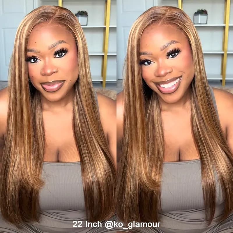 Honey Blonde Highlight Straight/Body Wave 6×5 Lace Glueless Human Hair Wig Pre Cut Lace & Bleached - thumbnail 3