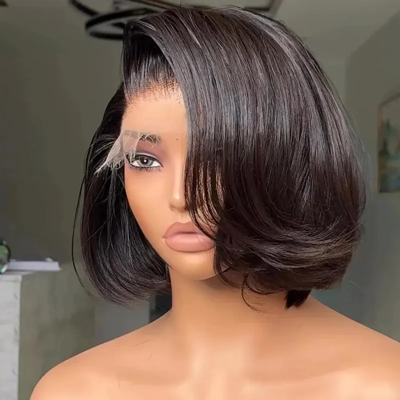 Blowout Bob Straight Layered Cut 6×5 Lace Wig Pre Style Side Part Wear Go Glueless 200% Density