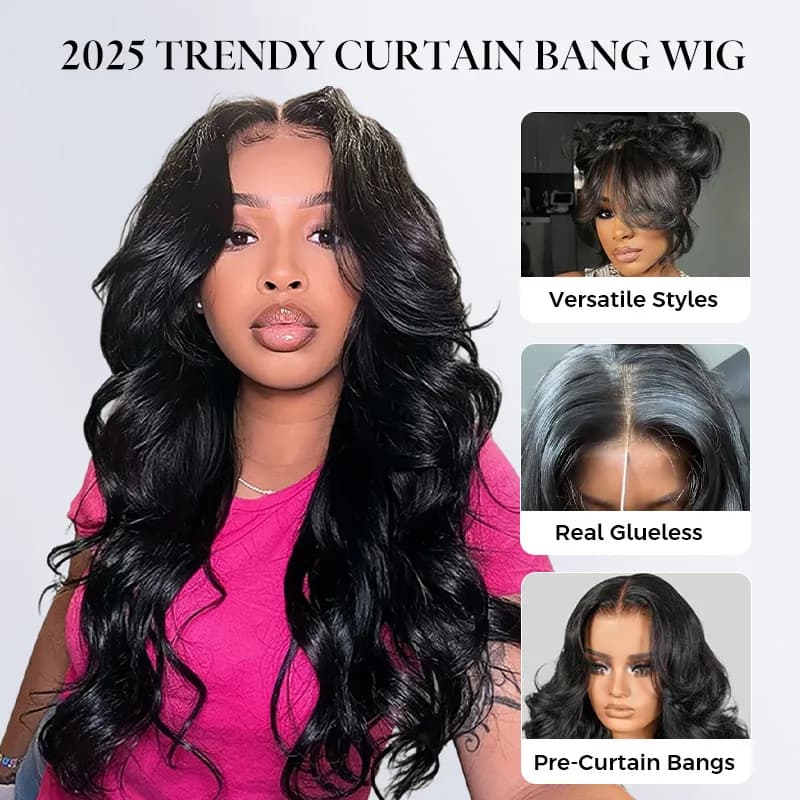Face-Framing Curtain Bangs Body Wave Wig 6×5 Lace Glueless Wear Go Human Hair Wig - thumbnail 3