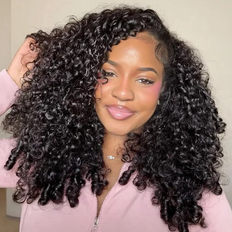 Burmese Curly Half Wig Drawstring Flip Over Human Hair Wig Spiral Curly Ends Glueless For Beginners