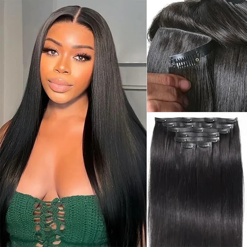 Ultra Natural Yaki Straight Seamless/Invisible Clip in Extension Real Human Hair 7pc/Pack with Free Gift