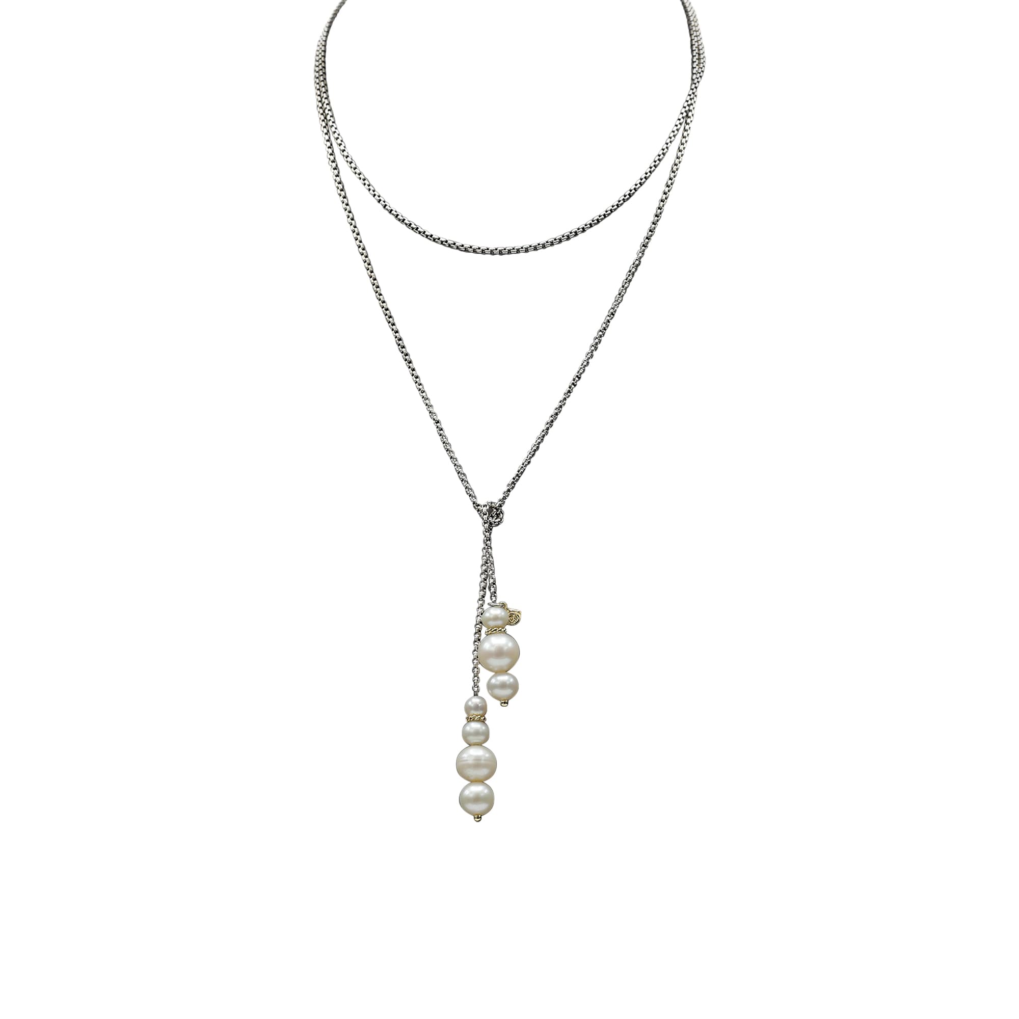 David Yurman Sterling Silver & Gold Pearl Box Chain Lariat Chain Link Necklace