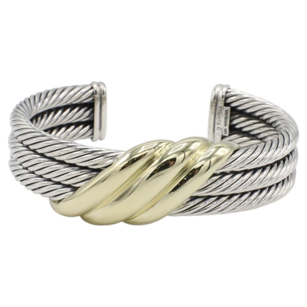 David Yurman Sterling Silver & Gold Cable 3-Row Cuff Bangle Bracelet - thumbnail 3