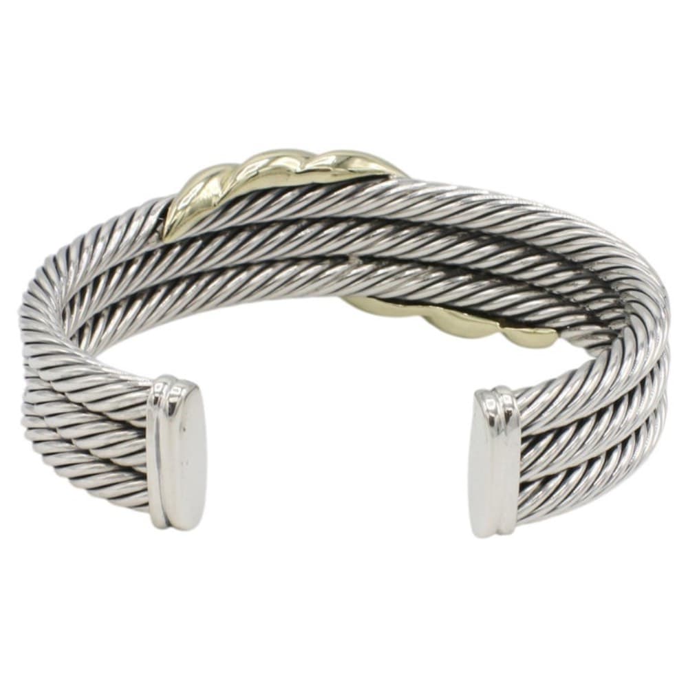 David Yurman Sterling Silver & Gold Cable 3-Row Cuff Bangle Bracelet - thumbnail 4