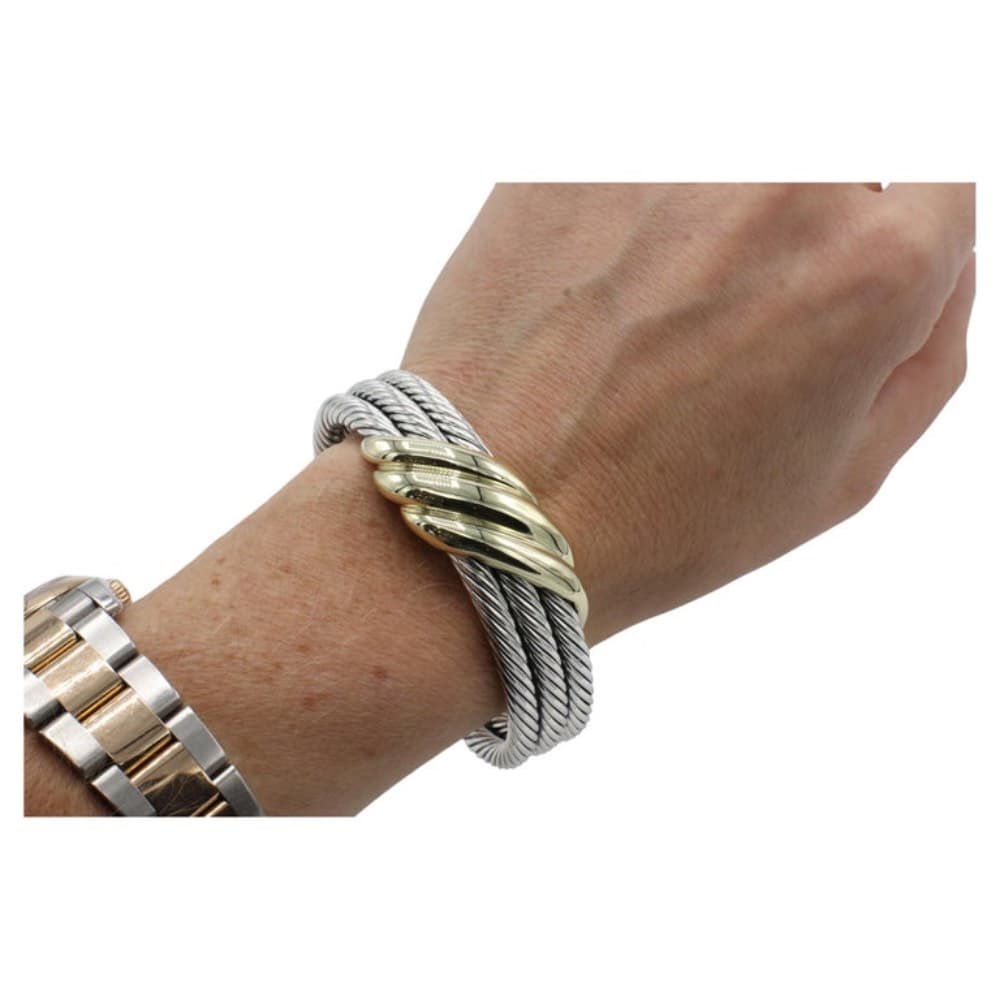 David Yurman Sterling Silver & Gold Cable 3-Row Cuff Bangle Bracelet - thumbnail 2