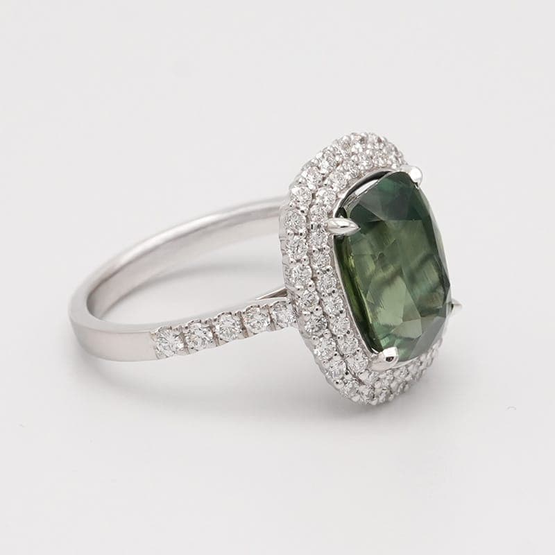 Cushion Cut Natural Green Sapphire &amp; Diamond Ring - thumbnail 4