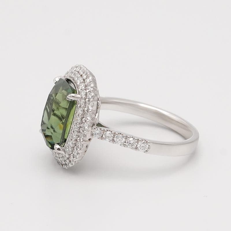Cushion Cut Natural Green Sapphire &amp; Diamond Ring - thumbnail 3