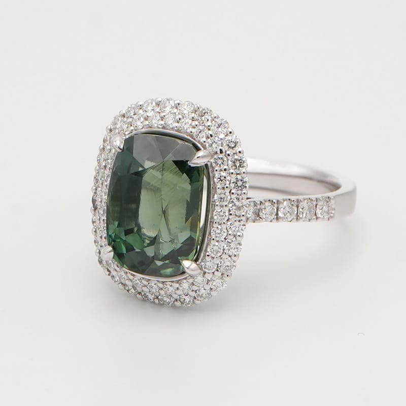 Cushion Cut Natural Green Sapphire &amp; Diamond Ring - thumbnail 2