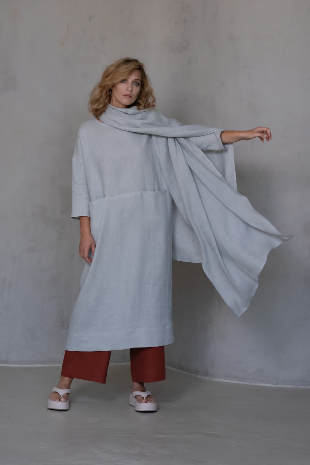 Light Blue Gauze Linen Scarf - thumbnail 9