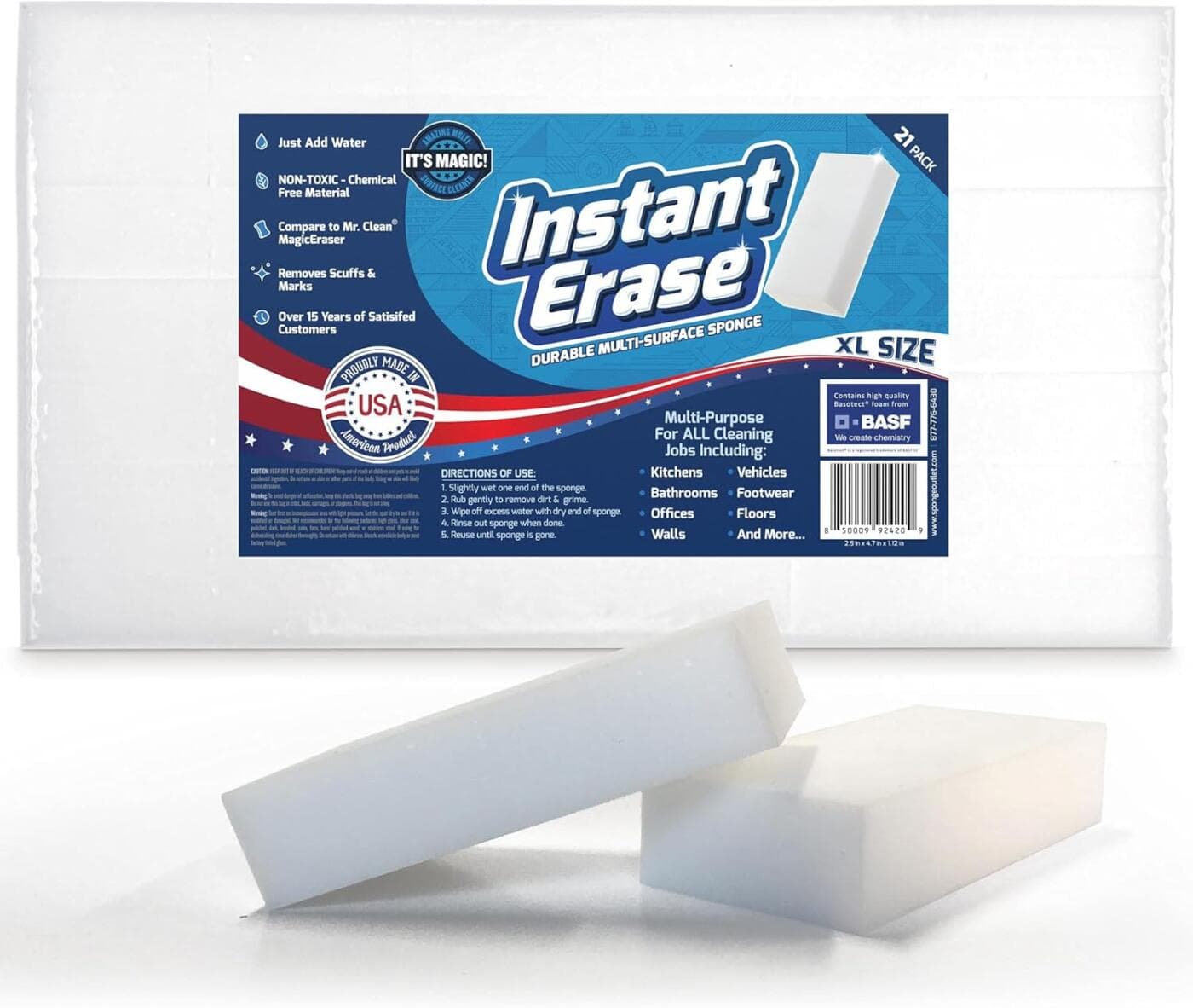 Instant Erase XL Magic Cleaning Eraser Sponges – Multi-Surface Melamine Sponge Pads