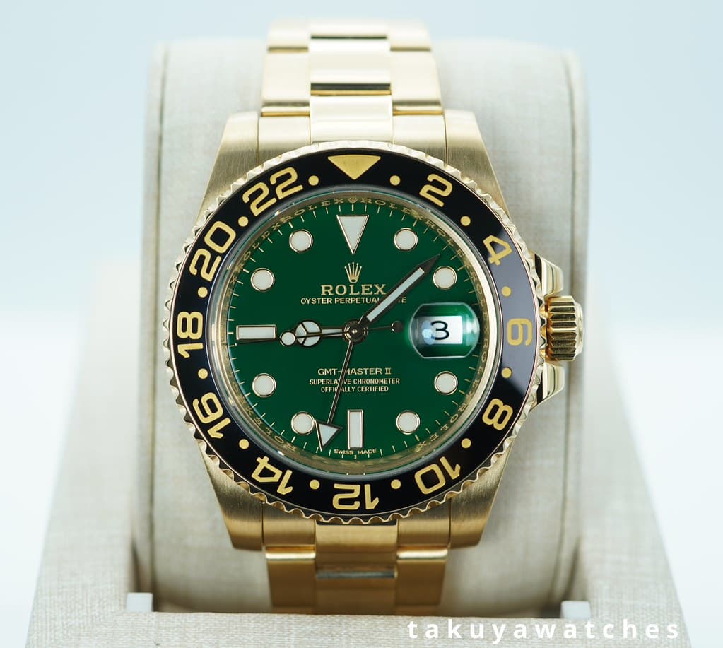 Rolex 116718 GMT MASTER 2 18K YELLOW GOLD GREEN DIAL RSC SERVICED BOXES PAPERS